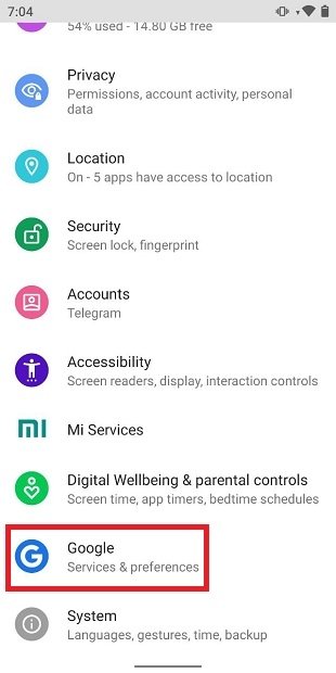 Google options in settings