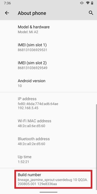 Activate mobile developer options