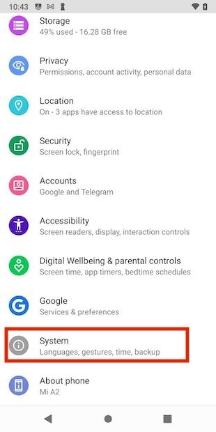 Android system settings list