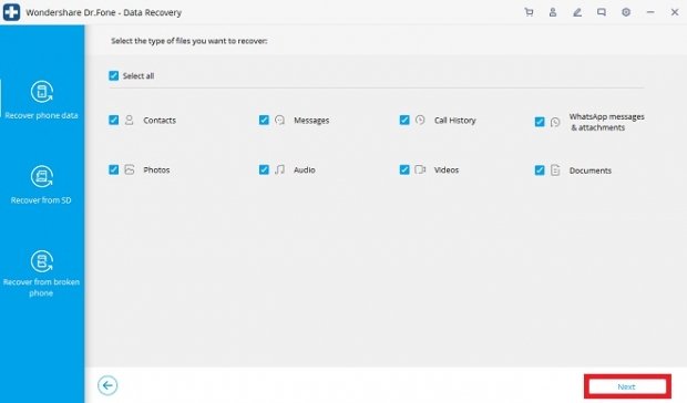Select data to recover