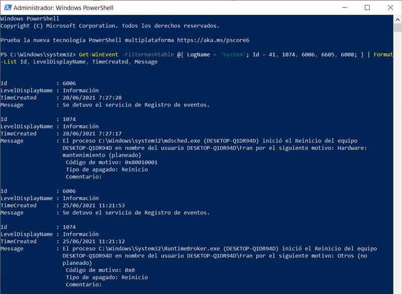 Check why Windows was shut down with PowerShell