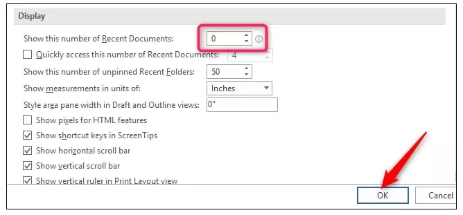 disable history recent documents word