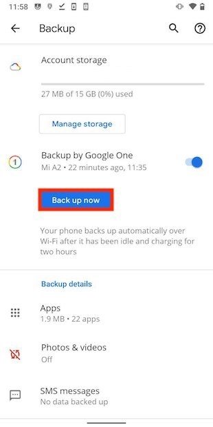 Start backup on Android