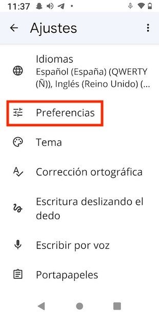List with Gboard options
