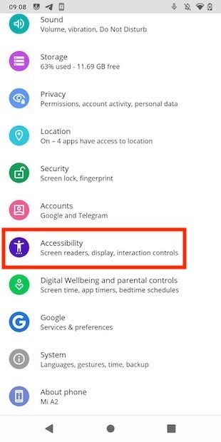 Accessibility options in Android settings